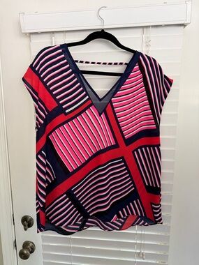 Express Pink, Navy & Red Geometric V-Neck Blouse